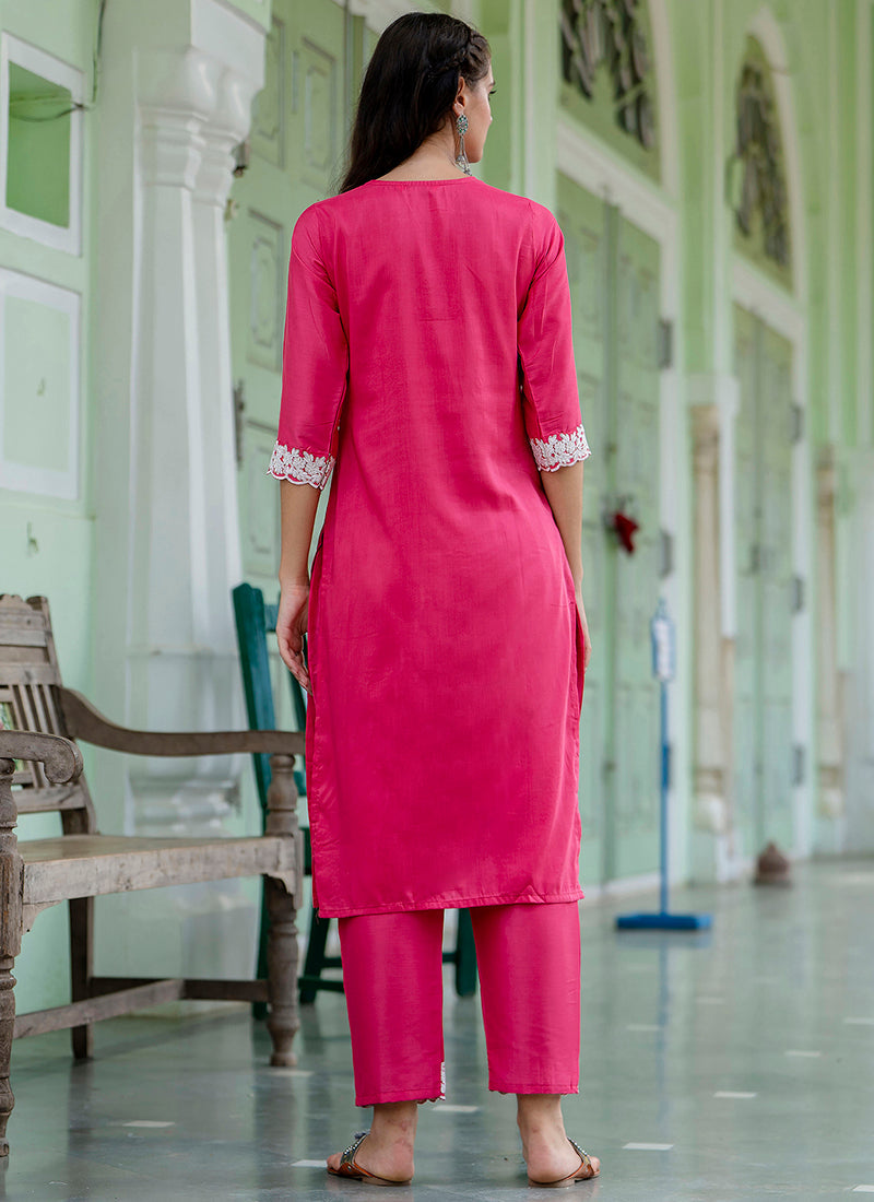 Vellora Silk Blend Hot Pink Casual Wear Embroidery Work Readymade Salwar Suit - Distacart