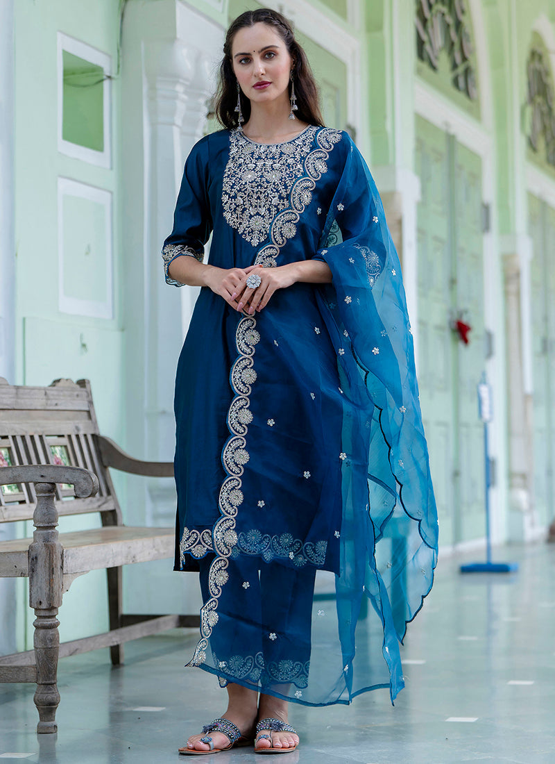 Vellora Silk Blend Teal Blue Casual Wear Embroidery Work Readymade Salwar Suit - Distacart