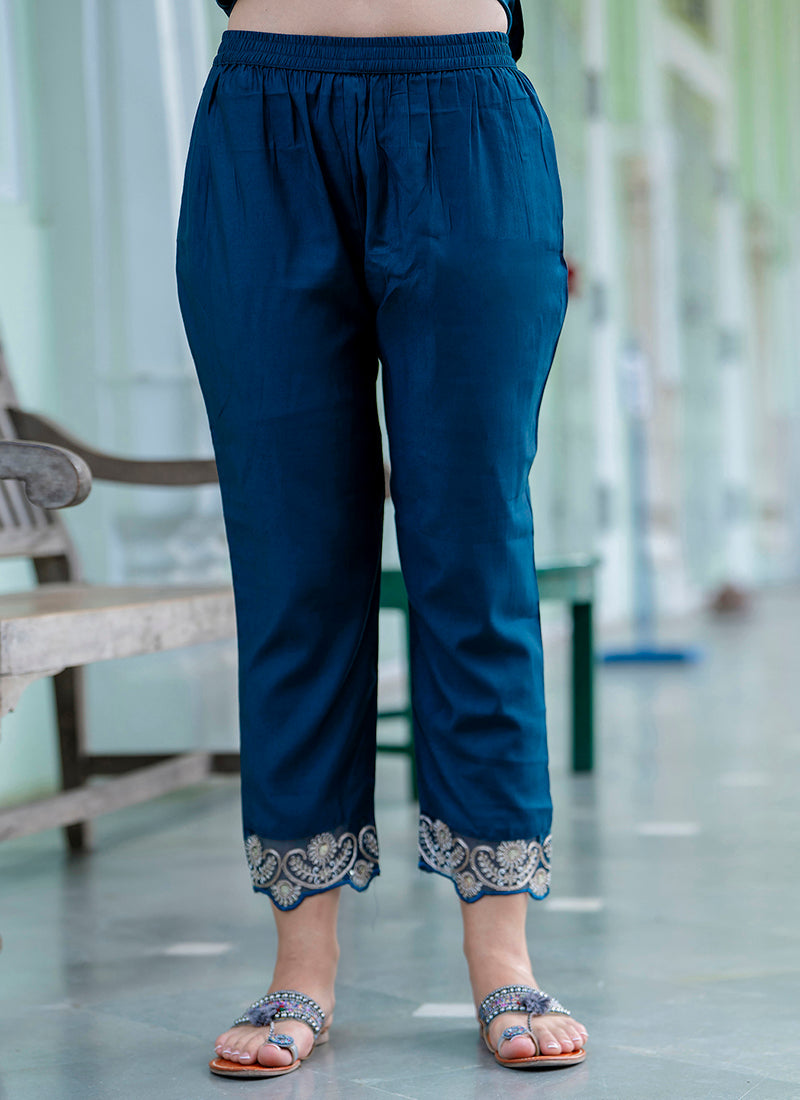 Vellora Silk Blend Teal Blue Casual Wear Embroidery Work Readymade Salwar Suit - Distacart