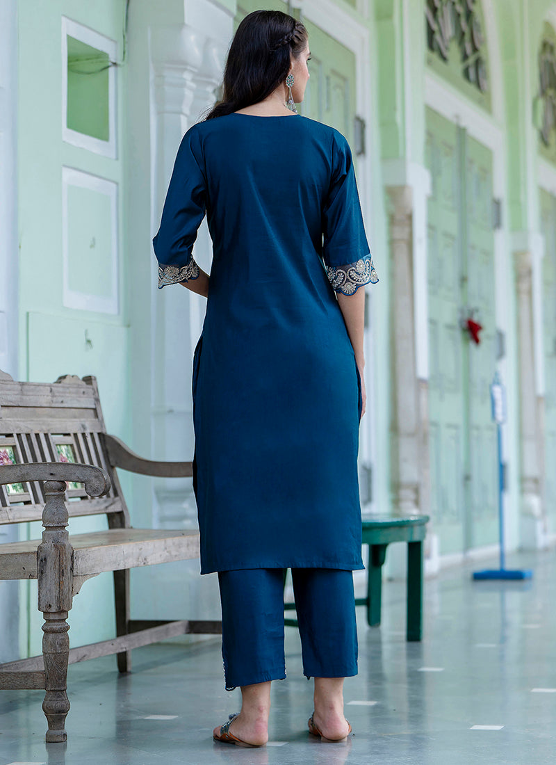 Vellora Silk Blend Teal Blue Casual Wear Embroidery Work Readymade Salwar Suit - Distacart