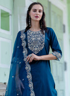 Vellora Silk Blend Teal Blue Casual Wear Embroidery Work Readymade Salwar Suit - Distacart
