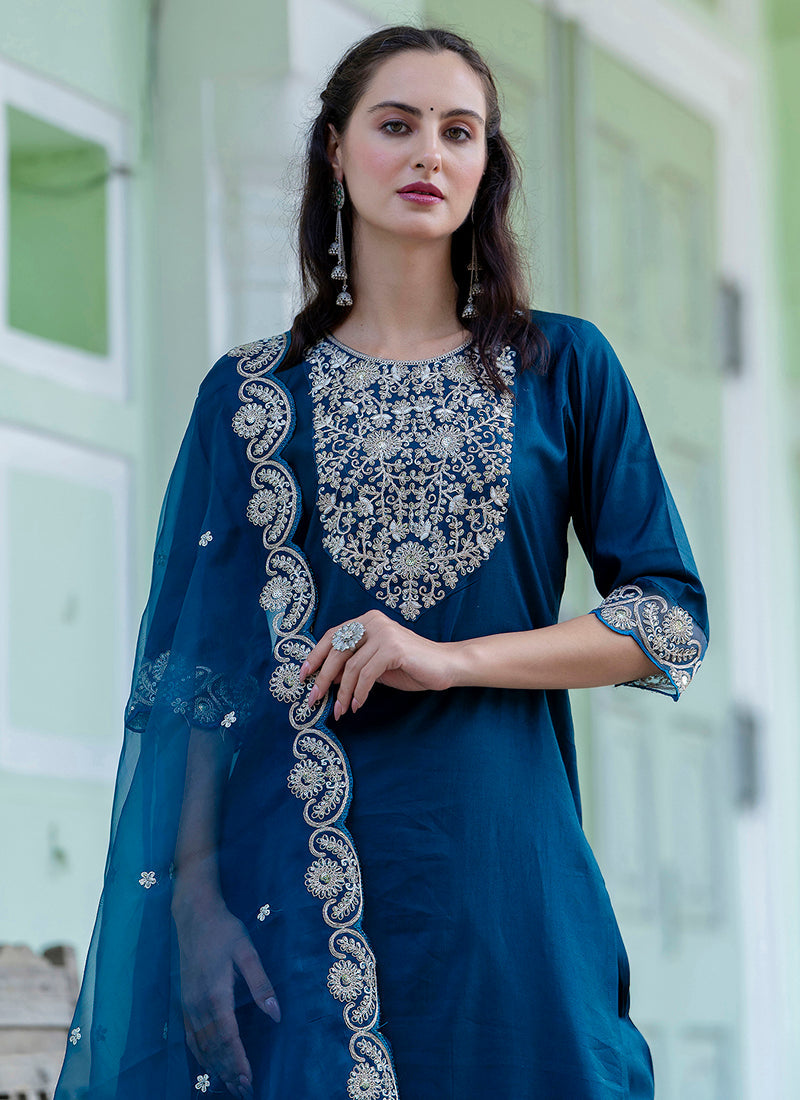 Vellora Silk Blend Teal Blue Casual Wear Embroidery Work Readymade Salwar Suit - Distacart