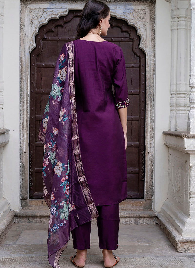 Vellora Viscose Roman Silk Deep Purple Ocassional Wear Embroidery Work Readymade Salwar Suit - Distacart
