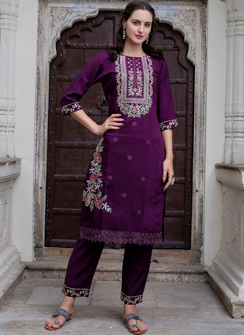 Vellora Viscose Roman Silk Deep Purple Ocassional Wear Embroidery Work Readymade Salwar Suit - Distacart