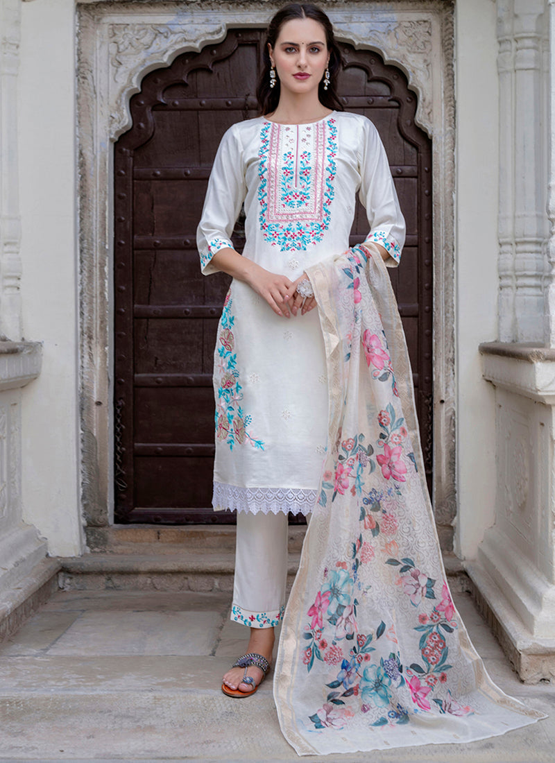 Vellora Viscose Roman Silk White Ocassional Wear Embroidery Work Readymade Salwar Suit - Distacart