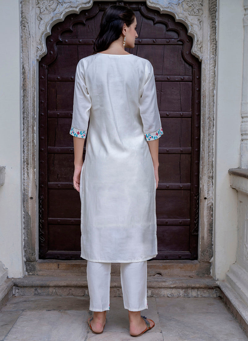 Vellora Viscose Roman Silk White Ocassional Wear Embroidery Work Readymade Salwar Suit - Distacart