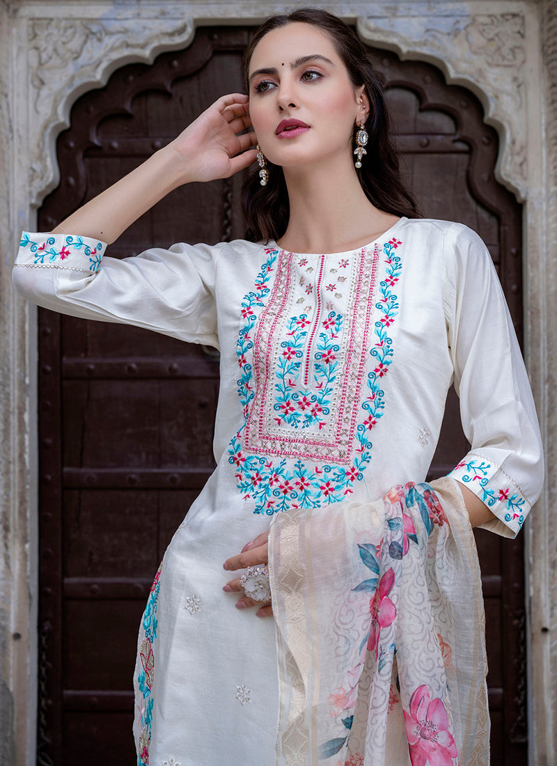 Vellora Viscose Roman Silk White Ocassional Wear Embroidery Work Readymade Salwar Suit - Distacart