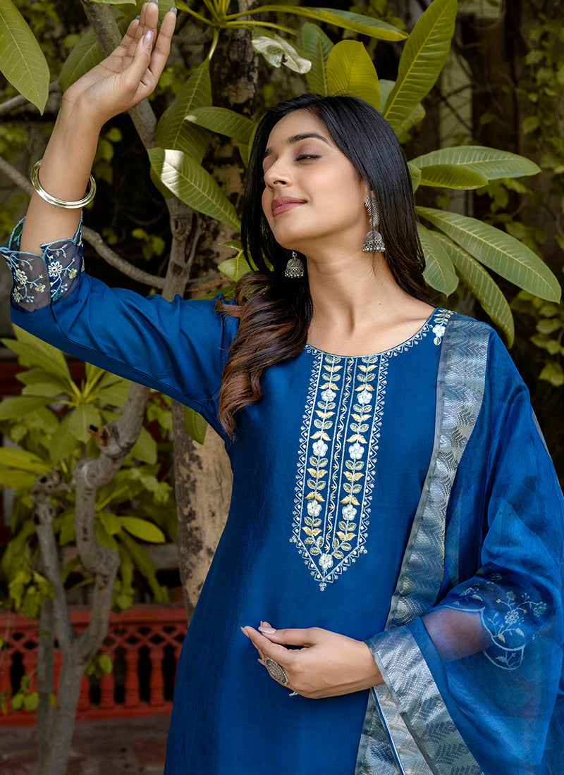 Vellora Viscose Roman Silk Blue Ocassional Wear Embroidery Work Readymade Salwar Suit - Distacart