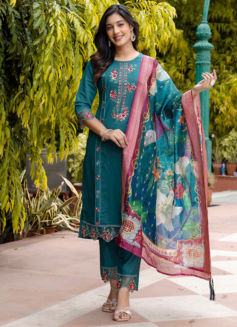 Vellora Viscose Roman Silk Teal Green Festival Wear Embroidery Work Readymade Salwar Suit - Distacart