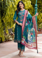 Vellora Viscose Roman Silk Teal Green Festival Wear Embroidery Work Readymade Salwar Suit - Distacart