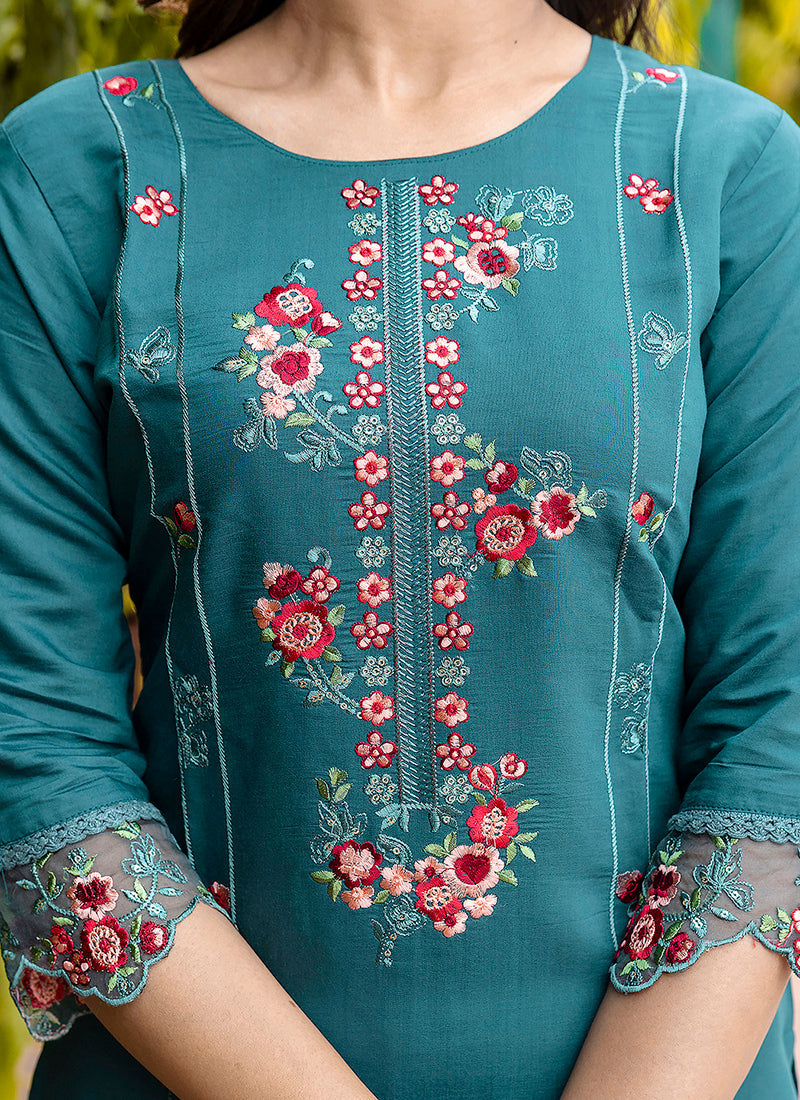 Vellora Viscose Roman Silk Teal Green Festival Wear Embroidery Work Readymade Salwar Suit - Distacart