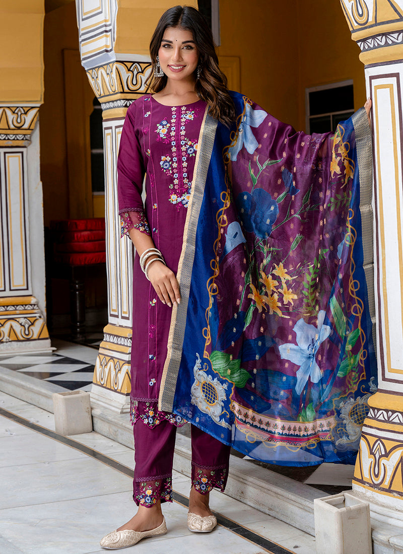Vellora Viscose Roman Silk Wine Festival Wear Embroidery Work Readymade Salwar Suit - Distacart