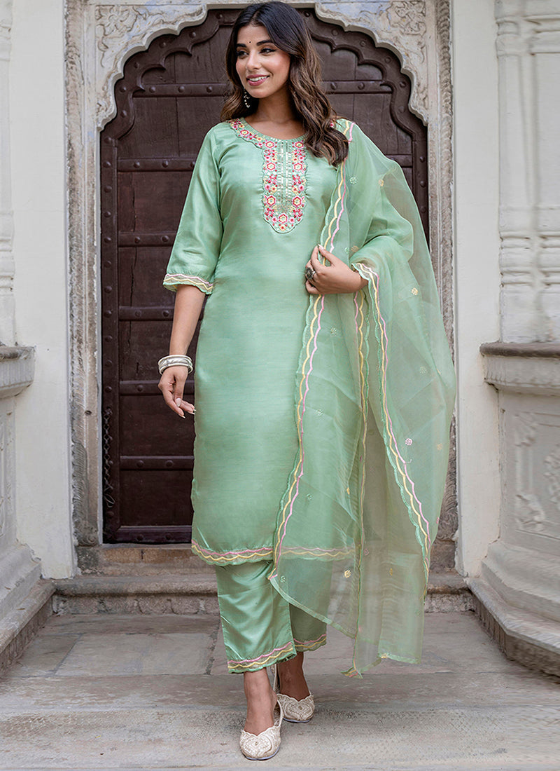 Vellora Silk Blend Light Green Casual Wear Embroidery Work Readymade Salwar Suit - Distacart