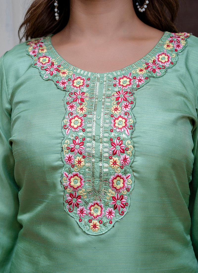 Vellora Silk Blend Light Green Casual Wear Embroidery Work Readymade Salwar Suit - Distacart
