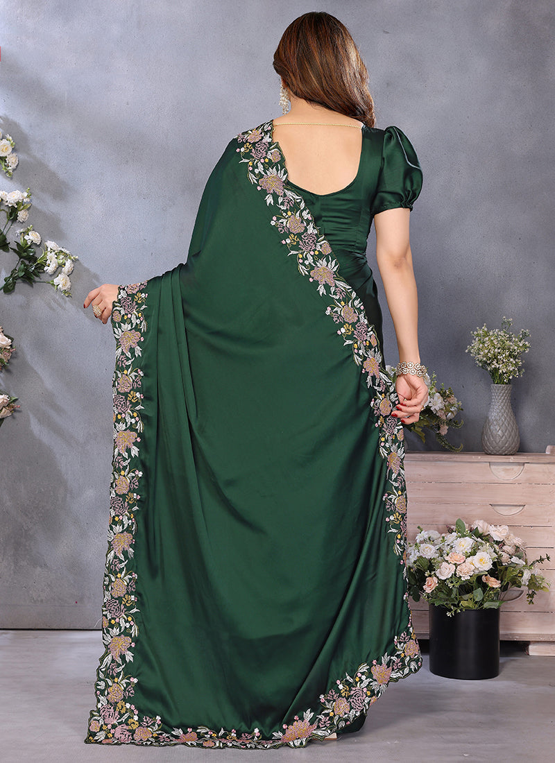 Vellora Embroidery Work Satin Dark Green Festival Wear Saree - Distacart