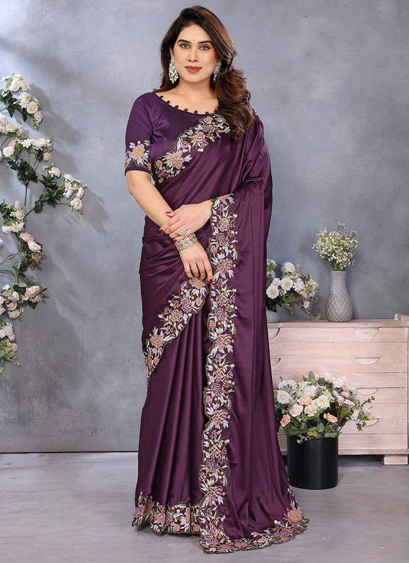 Vellora Wine Satin Designer Embroidery Work Saree - Distacart