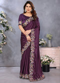 Vellora Wine Satin Designer Embroidery Work Saree - Distacart