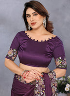 Vellora Wine Satin Designer Embroidery Work Saree - Distacart