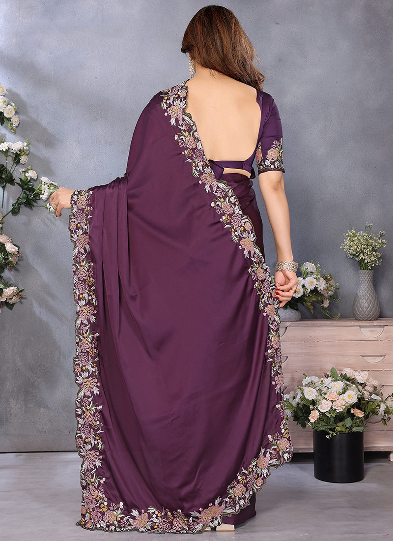 Vellora Wine Satin Designer Embroidery Work Saree - Distacart
