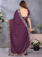 Vellora Wine Satin Designer Embroidery Work Saree - Distacart
