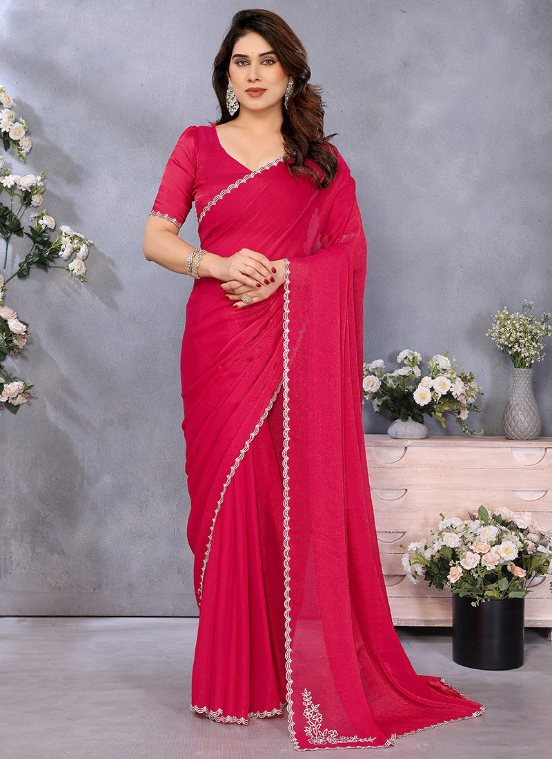 Vellora Lace Embroidery Work Fandy Chiffon Rani Pink Saree - Distacart