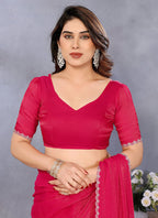 Vellora Lace Embroidery Work Fandy Chiffon Rani Pink Saree - Distacart