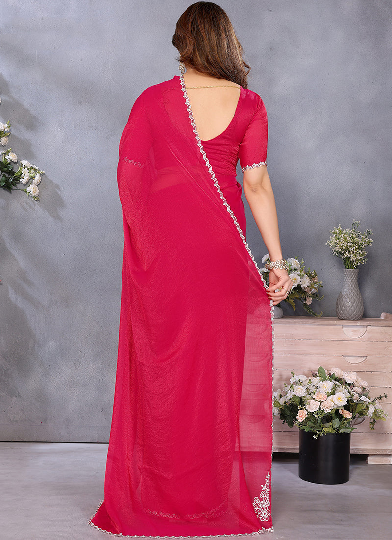 Vellora Lace Embroidery Work Fandy Chiffon Rani Pink Saree - Distacart