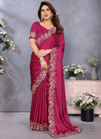 Vellora Magenta Pink Satin Festival Wear Embroidery Work Saree - Distacart