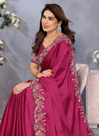 Vellora Magenta Pink Satin Festival Wear Embroidery Work Saree - Distacart