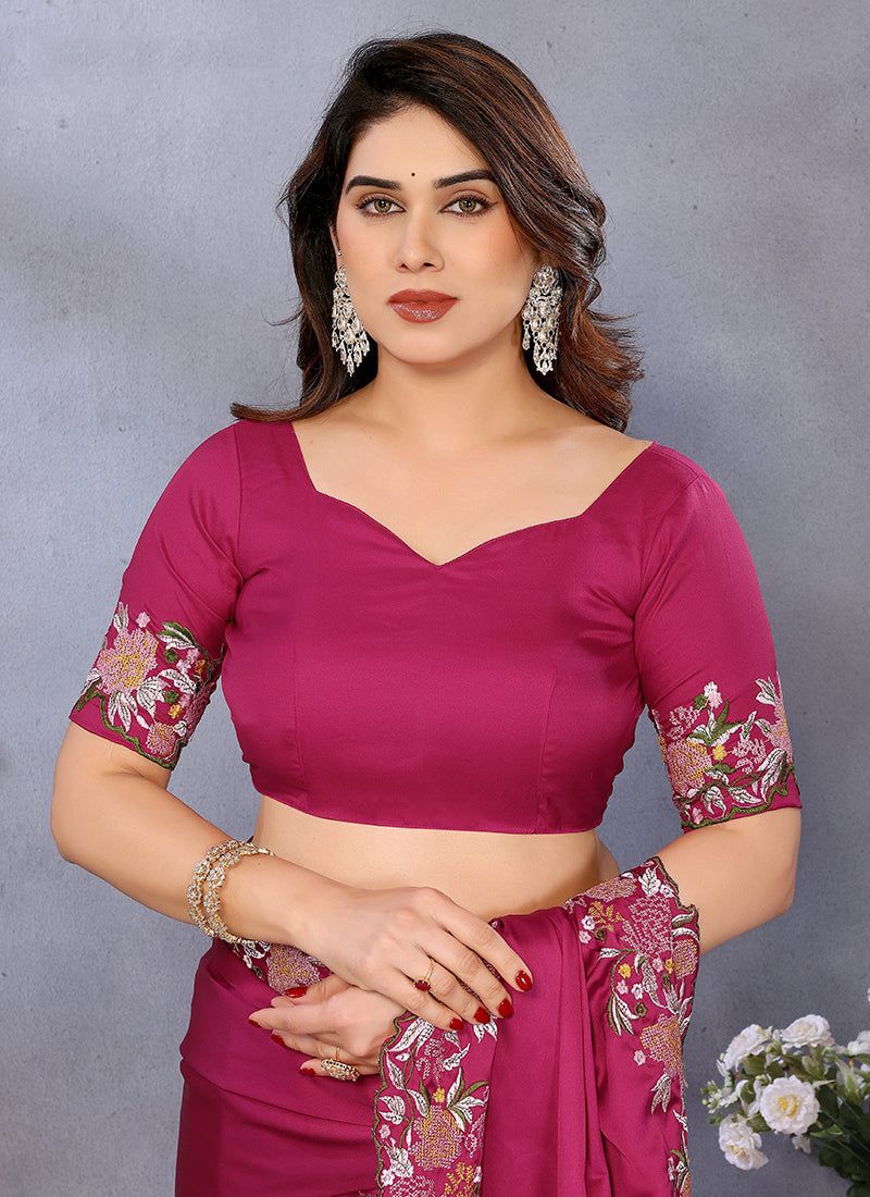 Vellora Magenta Pink Satin Festival Wear Embroidery Work Saree - Distacart