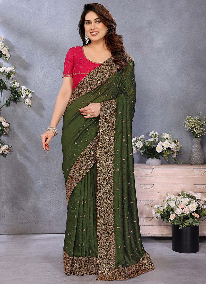 Vellora Zari Embroidery Work Vichitra Dark Green Festival Wear Saree - Distacart