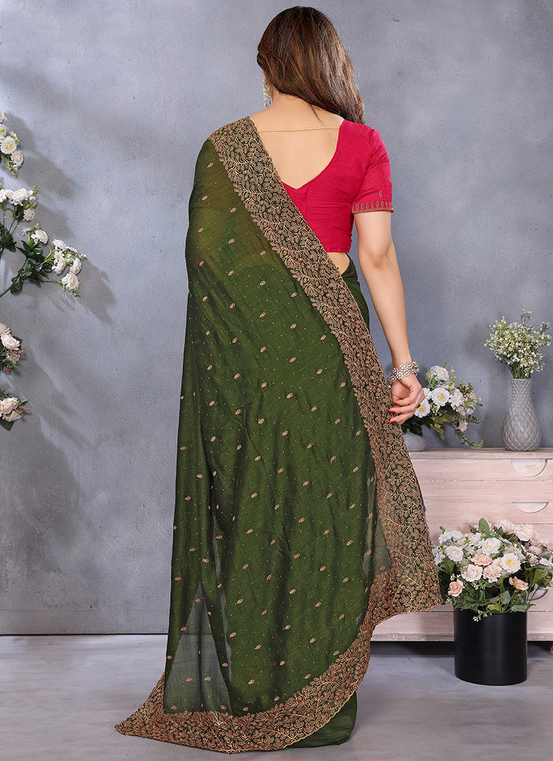 Vellora Zari Embroidery Work Vichitra Dark Green Festival Wear Saree - Distacart