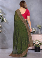 Vellora Zari Embroidery Work Vichitra Dark Green Festival Wear Saree - Distacart