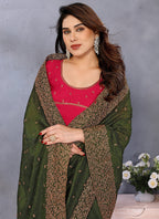 Vellora Zari Embroidery Work Vichitra Dark Green Festival Wear Saree - Distacart
