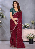 Vellora Maroon Silky Cross Embroidery Work Party Wear Saree - Distacart