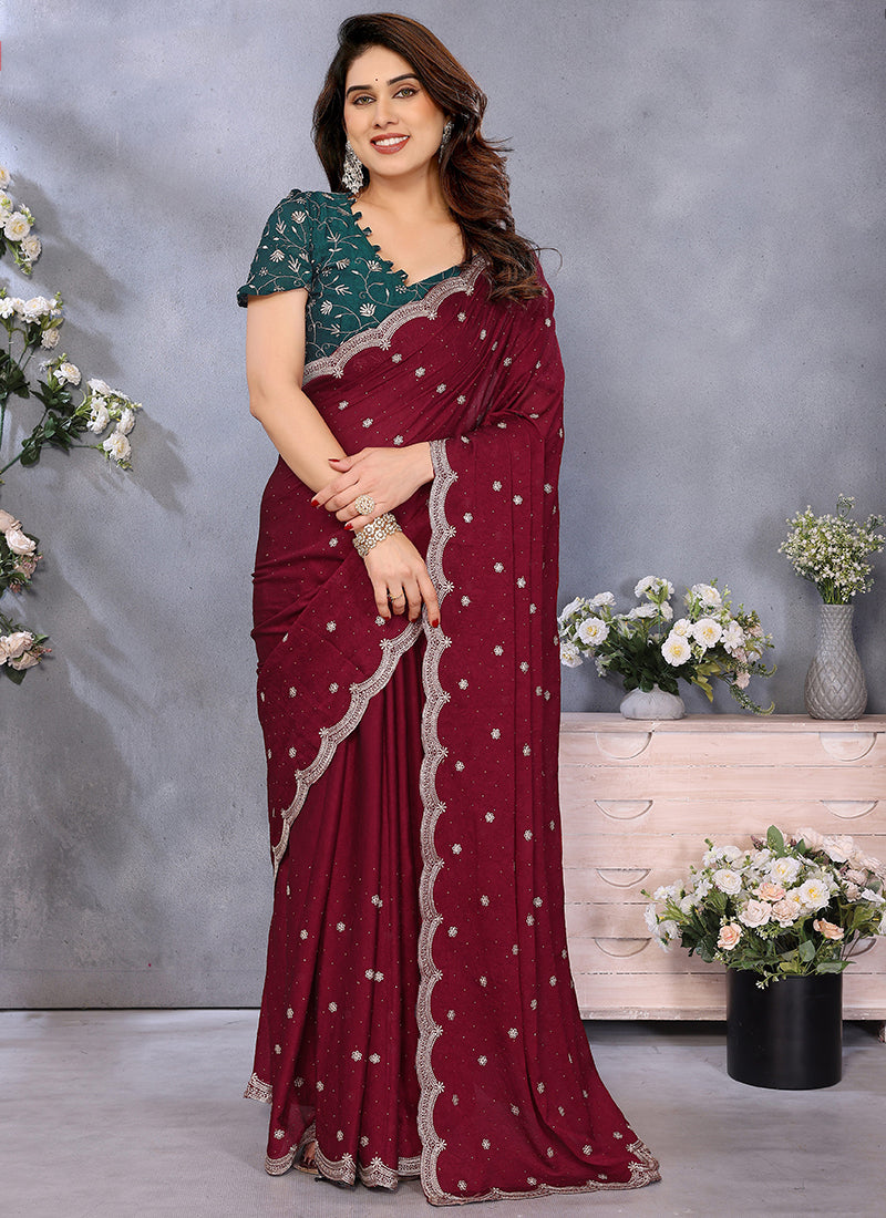 Vellora Maroon Silky Cross Embroidery Work Party Wear Saree - Distacart