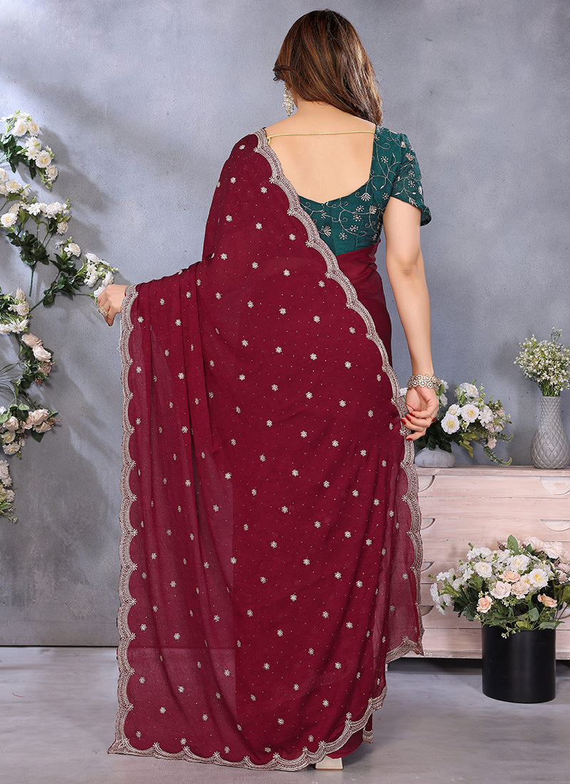 Vellora Maroon Silky Cross Embroidery Work Party Wear Saree - Distacart