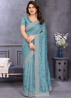 Vellora Sky Blue Vichitra Designer Embroidery Work Saree - Distacart