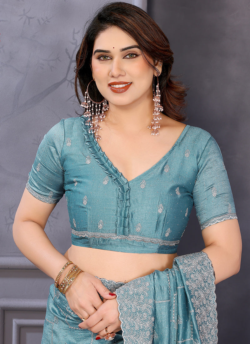 Vellora Sky Blue Vichitra Designer Embroidery Work Saree - Distacart