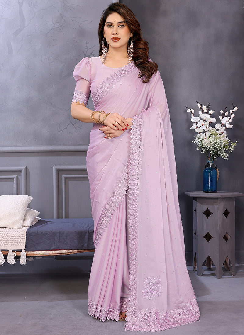 Vellora Border Work Rangoli Baby Pink Festival Wear Saree - Distacart