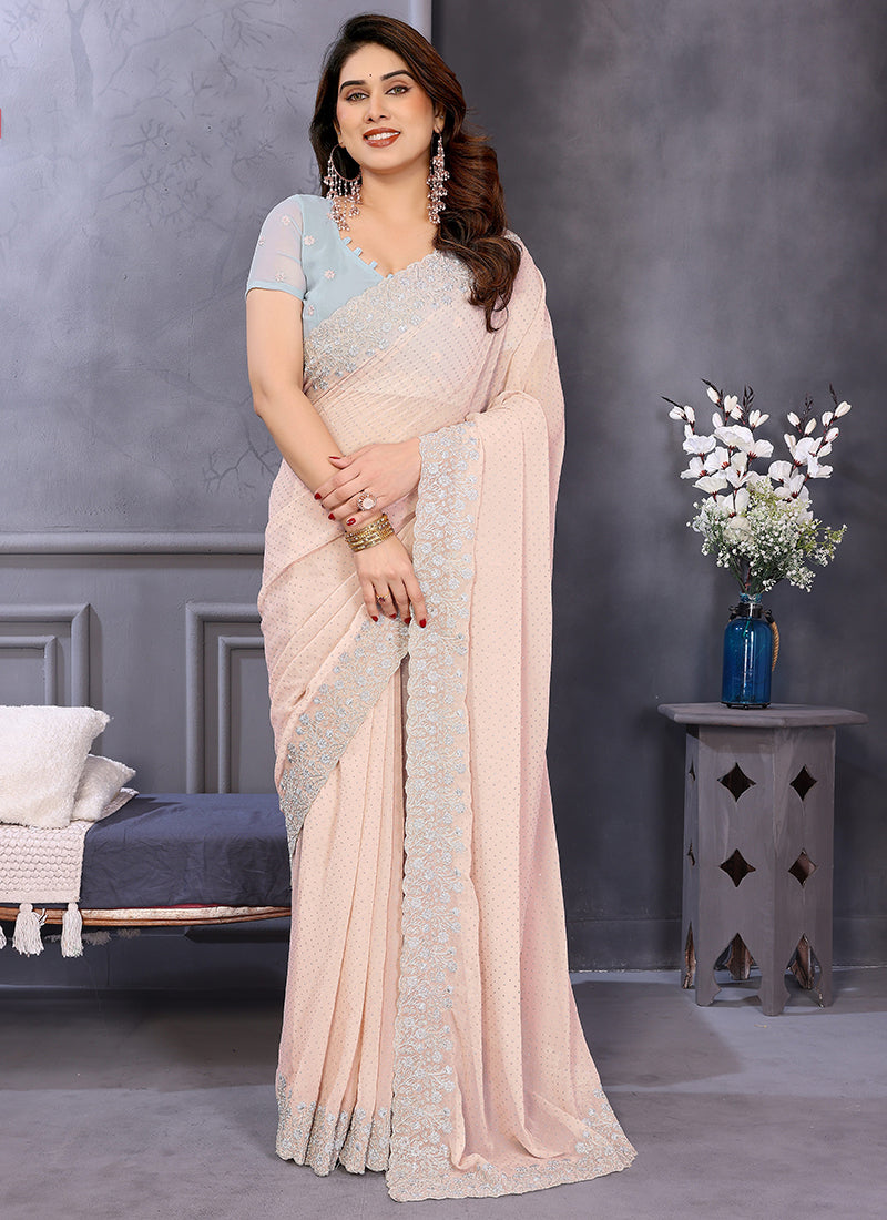 Vellora Dewdrop Cream Georgette Border Work Designer Saree - Distacart