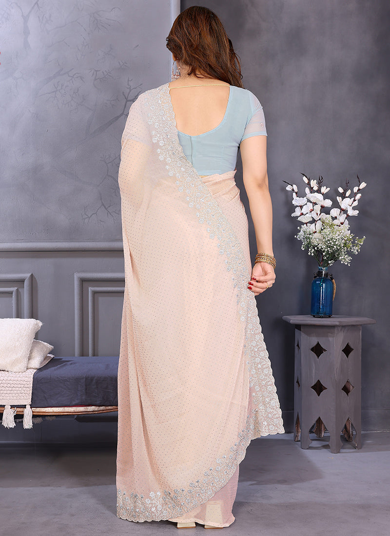 Vellora Dewdrop Cream Georgette Border Work Designer Saree - Distacart