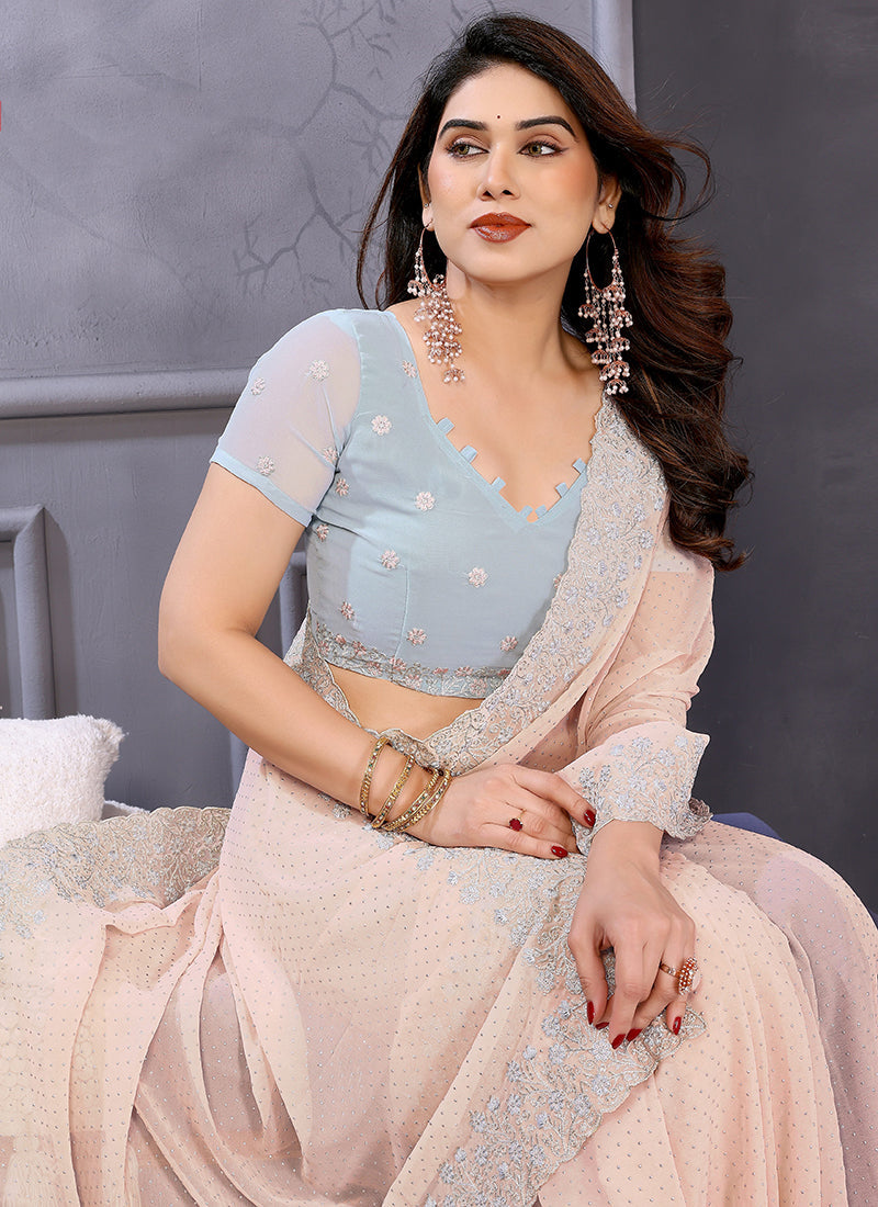 Vellora Dewdrop Cream Georgette Border Work Designer Saree - Distacart