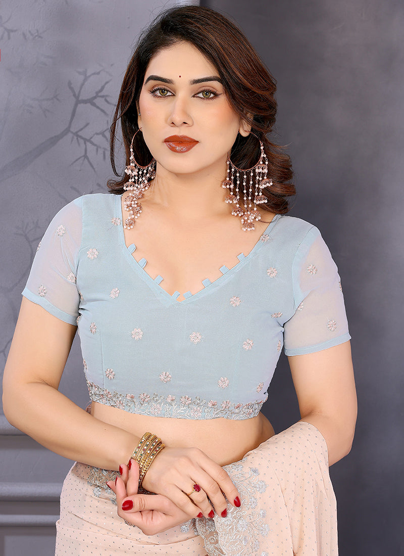 Vellora Dewdrop Cream Georgette Border Work Designer Saree - Distacart