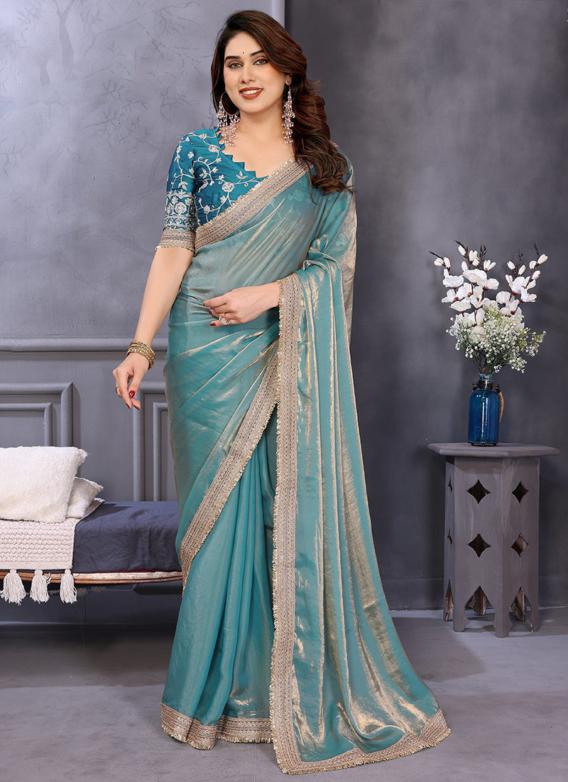 Vellora Sea Green Fandy Satin Embroidery Work Saree - Distacart