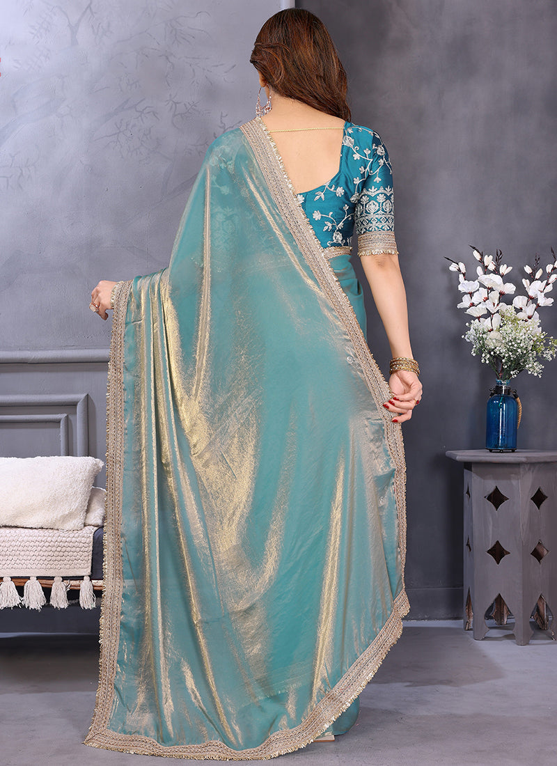 Vellora Sea Green Fandy Satin Embroidery Work Saree - Distacart