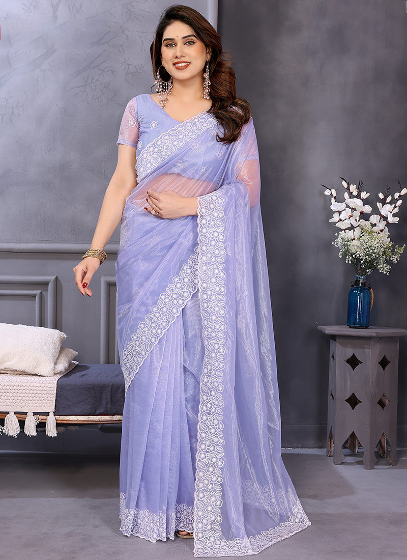 Vellora Lavender Twill Net Border Work Festival Wear Saree - Distacart