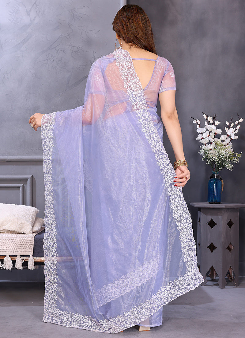 Vellora Lavender Twill Net Border Work Festival Wear Saree - Distacart