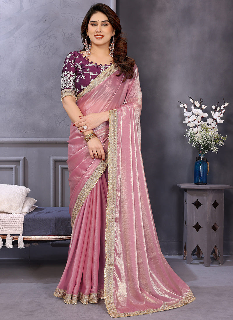 Vellora Pink Fandy Satin Designer Embroidery Work Saree - Distacart