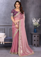 Vellora Pink Fandy Satin Designer Embroidery Work Saree - Distacart